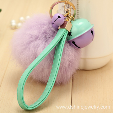 Customized Rabbit Fur Ball Charm Keychain With Bell Pendant